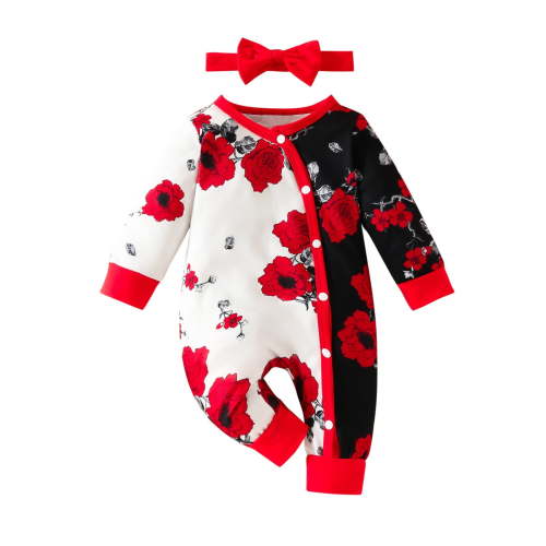 WRKEKC Infant Color-Block Floral Romper Wrap Front Snap Buttons Long Sleeve Thickened Warm Snug Fitting Fall Winter OutFitting for Boys and Girls 0-18 Months