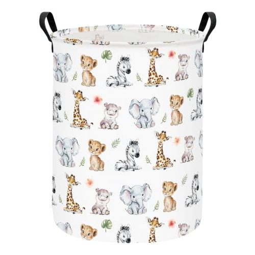 Round Jungle Wildlife Laundry Hamper, Cotton Canvas Storage Bin | Waterproof stain-resistant cotton canvas, reinforced hand grips, jungle wildlife print for bedroom, bath and dorm belongings