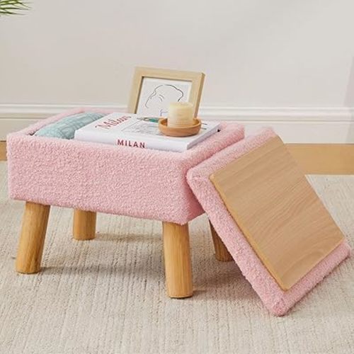 Storage Ottoman, Small Foot Stool Ottoman with Storage, Teddy Velvet Foot Rest with Wood Legs, Footstool for Living Room, Bedroom, Entryway, Pink