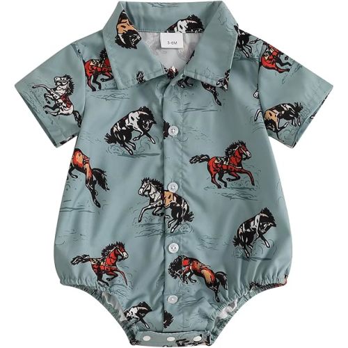 Newborn Infant Western Baby Boy Clothes Cowboy Button Down Dress Shirt Bubble Romper Bodysuit Country Style Outfit