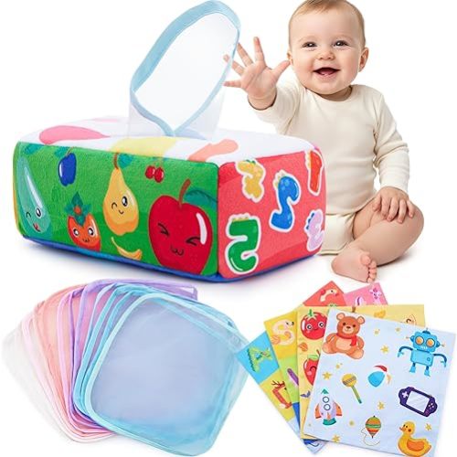 Baby Tissue Box Toy Montessori Baby Toys for Infant 0 1 2 3 4 5 6 7 8 9 Months Sensory and Crinkle Tissue Box Toy for Boys&Girls Toddler Early Learning Gifts