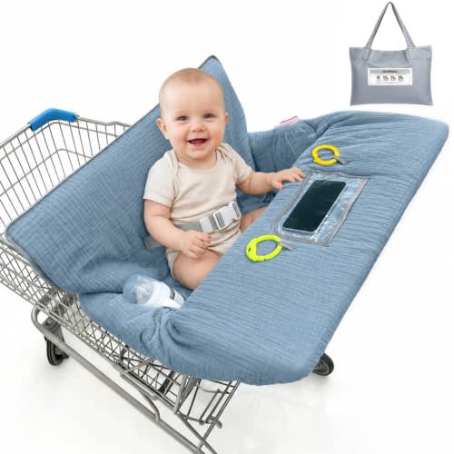 Muslin Shopping Cart Cover for Baby Soft Breathable Full Coverage | 360° Protection, 3-Layer Comfort, Phone Pocket, Machine Wash, Portable Storage Bag for Grocery Carts, Restaurant High Chairs