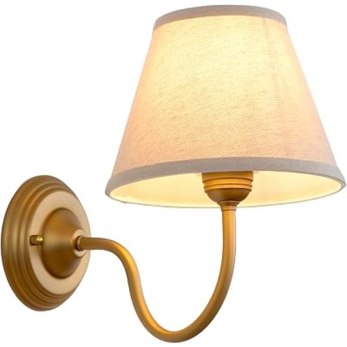Vintage Curved Arm Fabric Wall Sconce with Linen Cloth Shade, Hardwired Indoor Single Sconce Light Wall Mounted Lamp for Bedroom Living Room Stairs Hallway