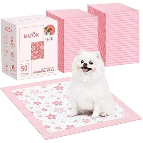 MIZOK Puppy Pads 22"x 22" with Leak-Proof Quick-Dry Design Pee Pads for Dogs Potty Training, 6-Layer Standard Absorbency Dog Pee Pads Regular Size, Pink Cherry Blossom Pattern (50 Counts)