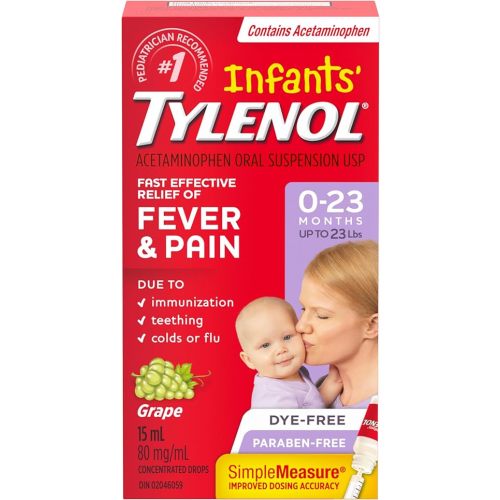Tylenol Infants' Drops for Fast Fever and Pain Relief, White Grape Flavour, Dye Free, 15 mL Acetaminophen for Teething Pain, Immunization Pain
