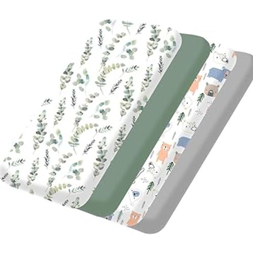 bimocosy Mini Crib Sheets,Pack and Play Sheets for Baby Boy Girl 4 Pack,Size 38"x 26" for Playard Mattress,Portable Mini Crib,Soft Pack N Play Sheets Fitted,Leaf/Bear/Gray/Green
