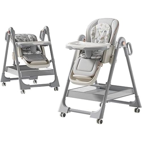 Multifunctional Baby Dining Chair with Adjustable Height, Food Tray, Omnidirectional Brake Wheels, Shoulder Safety Belt, Aluminum Alloy Material, Brown/White/Gray, 6 Months+, 50KG- (Grey)