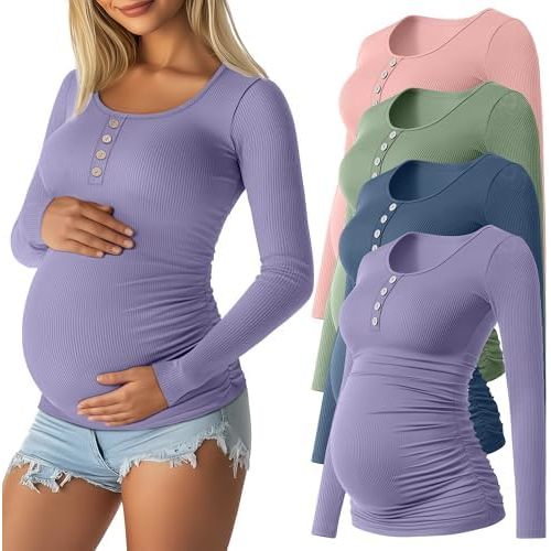4 Pack Womens Maternity Shirts Cotton Scoop Neck Long Sleeve Ribbed Pregnancy Top Henley Side Ruched Mama Clothes