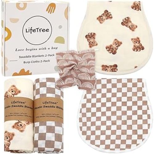LifeTree Baby Swaddle Blankets 2 Pack and Burp Cloths 2 Pack Set, Muslin Swaddling Wrap Receiving Blanket for Newborn, 70% Viscose from Bamboo and 30% Cotton, Large 47" x 47", Bear and Checkered