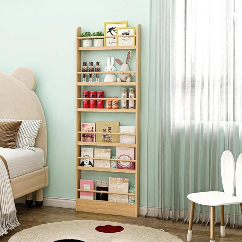 6 Tier Behind The Door Bookshelf, Kids Bookcase Rack Wall Wooden Book Shelf Organizer for Study Living Room Bedroom Playroom