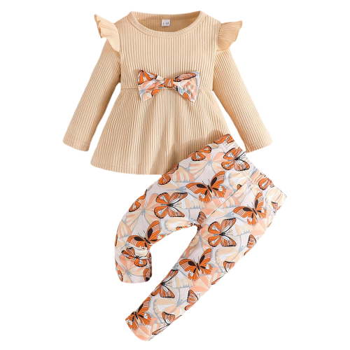 Baby Girls 2 Piece Outfits Butterfly Graphic Printed Long Sleeve Clothes Printed Trousers Casual Toddler Outfits for Girls，Beige，9-12 Months