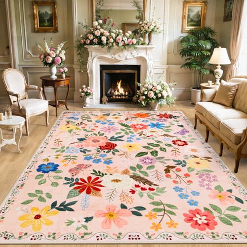 PLHXFR Area Rug 10x12 Living Room: Floral Washable Boho Soft Carpet Beige | For Bedroom Dining Room Farmhouse Nursery Hallway,Vintage Floral,Machine washable,Non Slip,Stain Resistant,Large Indoor