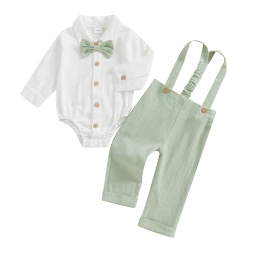 SYOKUP Newborn Infant Baby Boy Outfits Suit Bowtie Dress Romper+Suspender Overalls Pants Set Gentleman Wedding Clothes Formal