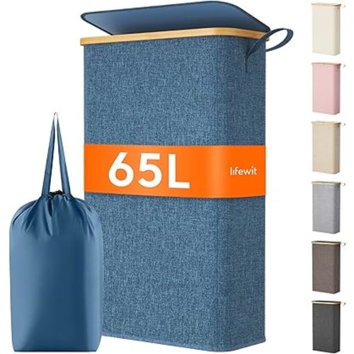 Lifewit 65L Slim Laundry Hamper with Lid, Narrow Laundry Basket with Removable Bag & Bamboo Handles, Fodable Thin Dirty Clothes Hamper for Laundry Collapsible Bin for Bathroom Bedroom Dorm, Dark Blue