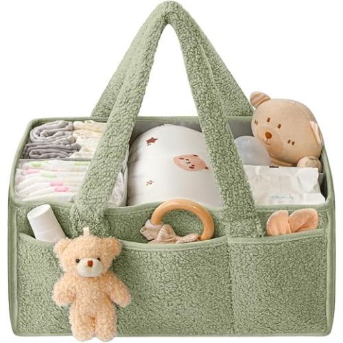 Diaper Caddy Organizer with Handle - Portable Baby Essentials Basket for Changing Table, Nursery & Travel | Diaper Storage Organizer for Newborns & Infants (LightGreen)