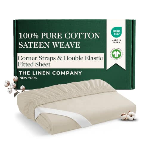 100% Cotton Fitted Sheet Only, Deep Pocket w/Corner Straps - Twin, Ivory | Oeko-TEX Certified Cotton Sheets - Hotel Luxury, Skin Friendly, Buttery Soft & Silky Sateen Sheets - Softer After Each Wash