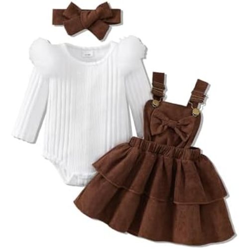 Baby Girl Fall Winter Skirt Set Newborn Overall Dress Long Sleeve Ribbed Romper Suspender Skirts 3Pcs Outfits