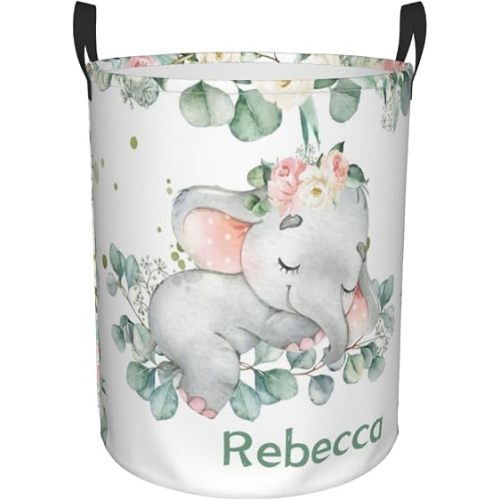 Pink Floral Elephant Personalized Laundry Basket Name Clothes Hamper with Handles Waterproof Laundry Storage Baskets for Bedroom Bathroom Decor.
