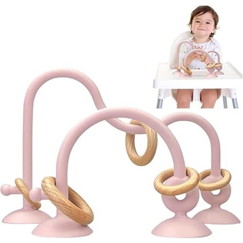 Suction Cup Toys Baby Silicone High Chair Toy with Wooden Rings Educational Montessori Sensory Learning Toys Gift for Kindergarten Bath Airplane Travel Car Toddlers Kids Boys Girls, Pink