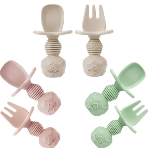 PandaEar 6 Pack Silicone Baby Spoons and Fork Feeding Set- Anti-Choke First Self Feeding Utensils for Baby Led Weaning Ages 3 Months (Pink, Green&Linen)