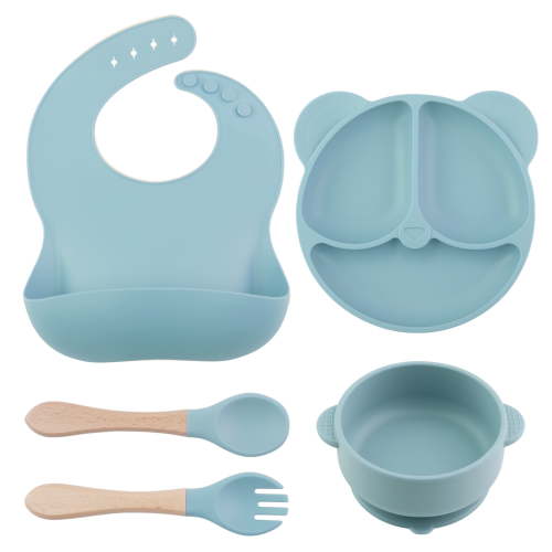 Silicone Baby Feeding Set, Food Grade Silicone Suction Bowl, Divided Suction Plates, Bib, Spoons Set, Toddlers Self Feeding Supplies Set - Lake Blue