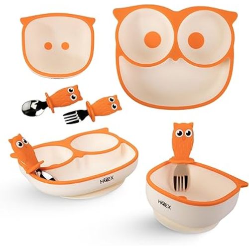 HZEX Owls Led Weaning Supplies, Toddler Silicone Feeding Set, Silicone Suction Bowls for Self Feeding, 2 Bowls, Spoon and Fork, Baby Feed Flatware and Dishwasher Safe (Orange)