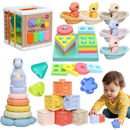 Baby Montessori Toys 6-12 Months, 5 in 1 Sensory Learning Set with Stacking Blocks, Shape Sorter, Bath Toys, Activity Cube, Dinosaur Stacker Educational Toddler Gifts for Boys Girls