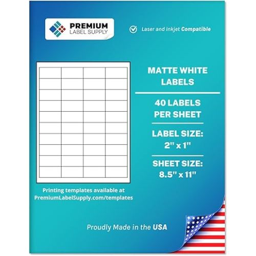 Premium Label Supply White Sticker Barcode Labels – 2" x 1" – Laser/Inkjet Compatible – (40 per Sheet), 25 Sheets – 1000 Total Adhesive Labels