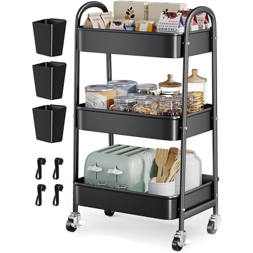 3 Tier Rolling Cart Metal with Wheels, Heavy Duty Three Tiered Rolling Storage Cart on Wheels, Black Utility Roller Carts Organizer for Baby, Art, Craft, Snack,Book, Nail, Diaper Caddy, Cleaning, Dorm
