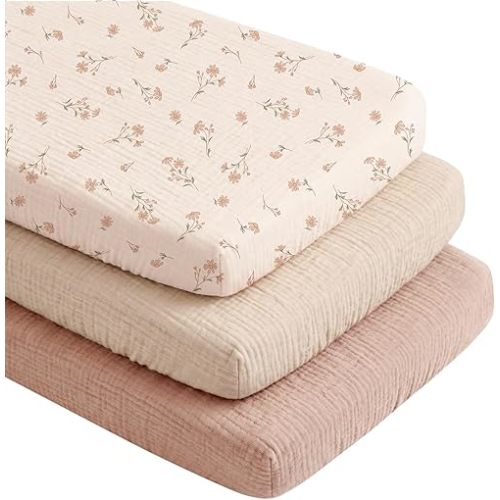 Niceye Muslin Baby Bassinet Sheets 3-Pack 100% Cotton (33" x 21") Bedside Sleeper Bassinet Fitted Sheets for Rectangle Mattresses, Unisex for Baby Girl/Boy(Pink)