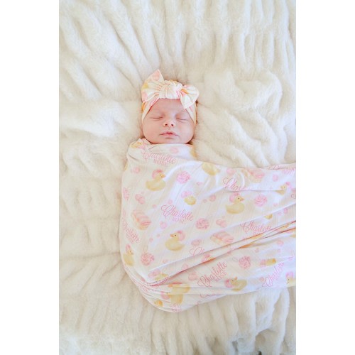 Personalized Swaddle Blanket | Bubble Duckies Pink
