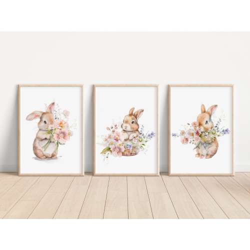 Set of 3 Watercolor Bunnies Flower Print Bunnies Flower Nursery Decor Girl Wall Art Bunnies Animal Flower Printing Kid room Decor Flower Art