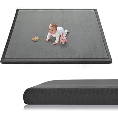 Baby Play Mat for Floor, 50'' x 50'' Thicken Foam Soft Padded Playmat for Tummy Time, Playpen Mat for Toddlers Infant Kids, Water-Repellent Coral Velvet, Non-Slip Bottom Safe for Crawling (Dark Grey)