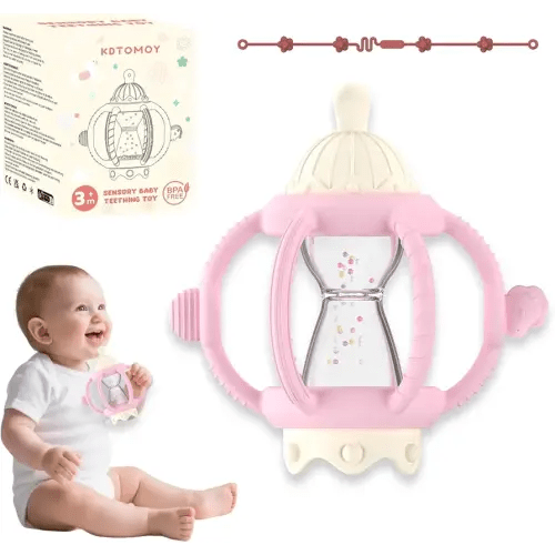 Teething Rattles for Babies 0-6 Months 6-12 Months, Silicone Rattle Teether with Pacifier, Baby Montessori Toys 6-18 Months, Infant & Toddler Molar Teething Relief, Boys Girls Essential Gifts (Pink)