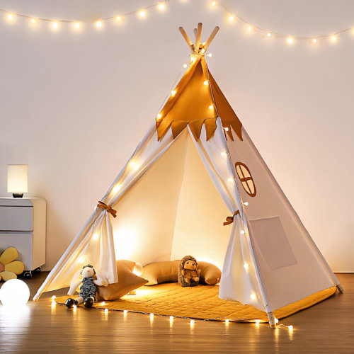 Besrey Kid Teepee Play Tent with String Lights & Thickened Mat,Kids Indoor Outdoor Playhuose Tent,Yellow | Wayfair