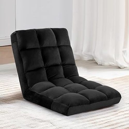 Floor Chair, 24 inches Wide Oversized Velvet Armless Lay Flat Floor seat Padded Meditation Chair with 6 Adjustable Position Ergonomic Comfortable Convenient(LRSF-016-BLACK)