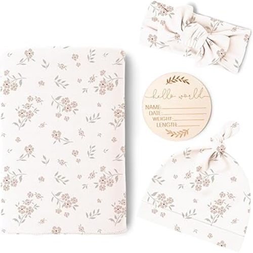 Konssy Baby Girl Newborn Receiving Blanket with Matching Headband and Beanie Set Baby Swaddle Nursery Swaddle Wrap