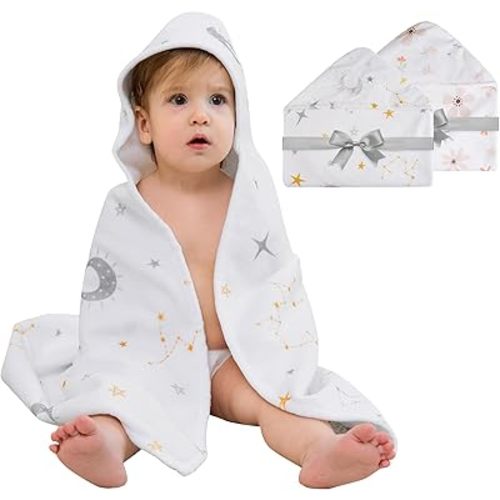 Viviland 2 Pack Hooded Baby Towels, Soft 100% Cotton Baby Bath Towels with Hood, Extra Thick and Absorbent, Essential for Newborns, Kids, Infants - Girls and Boys (Moon & Leaves)