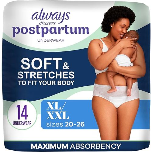 Always Discreet Postpartum, Reimagined Adult Diapers for Women, Maximum Absorbency Postpartum Underwear Size XL/XXL, Up to 100% Leak Free Bladder Leak Protection, 14 Count​