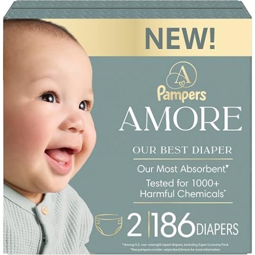 Pampers Amore, Size 2 (10-22 lbs), 186 Count, Our Best Diaper – Hypoallergenic & Fragrance Free, Up to 100% Leakproof, Soft as Cashmere