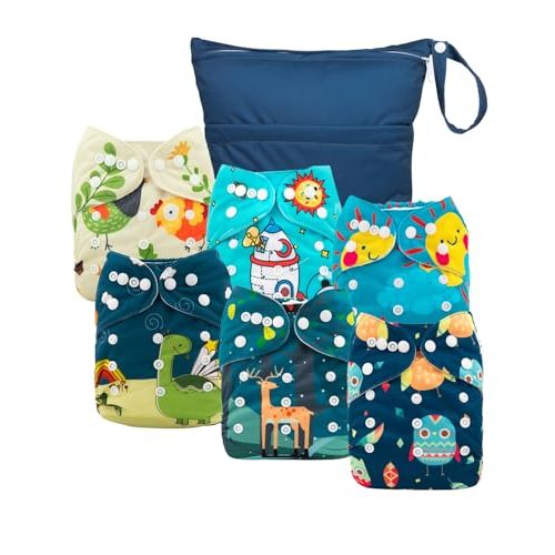 babygoal Cloth Diaper Covers 6 Pack with Wet Bag for Fitted Diapers and Prefolds with Double Gussets, Adjustable and Reusable for Baby Boys 6DCF13-B