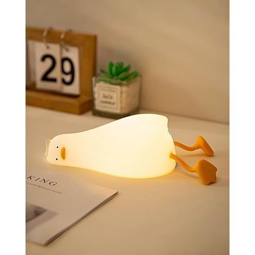 Lying Flat Duck Night Light for Kids, Cute Squishy Silicone Duck Lamp, Rechargeable Bedside Light with Tap Control, 2 Brightness Levels, 30-Min Auto-Off Timer, Room Decor Gift