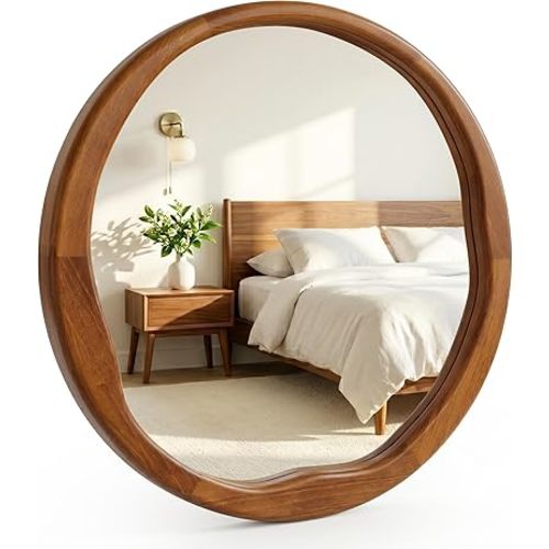 Walnut Round Mirror 24 Inch, Solid Wood Framed Bathroom Vanity Mirror with Wavy Inner Edge, Retro Mid-Century Wall Decor for Bedroom & Entryway