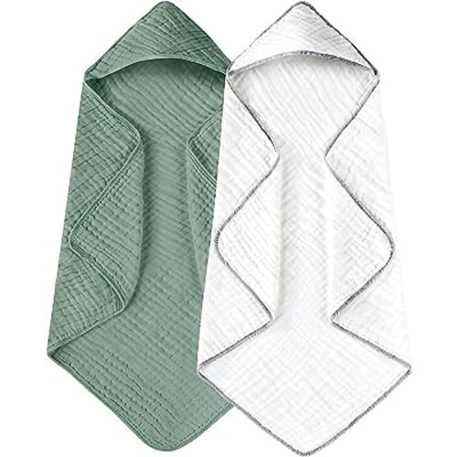Yoofoss Hooded Baby Towels for Newborn 2 Pack 100% Muslin Cotton Baby Bath Towel with Hood for Babies, Infant, Toddler and Kids, Large 32x32Inch, Soft and Absorbent Newborn Essential