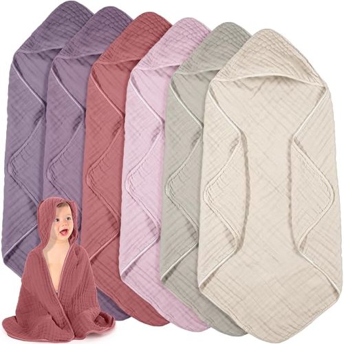 Peryiter 6 Pcs Muslin Hooded Baby Towels 32x32inch Cotton Newborn Bath Essentials Muslin Infant Blankets Absorbent Registry for Babies Girl Boy Toddler Kids (Brown Series)
