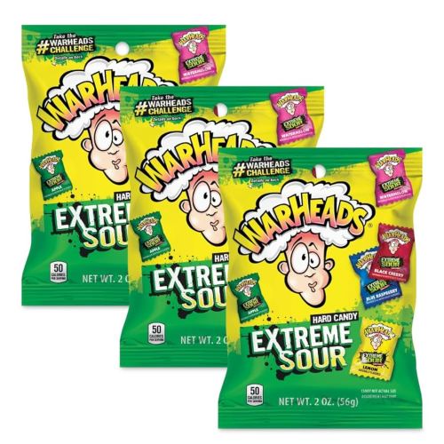 WARHEADS - Extreme Sour Hard Candy - Assorted Flavors - Sour Apple, Black Cherry, Blue Raspberry, Lemon & Watermelon Flavors - 2 oz. Bags - 3 Pack