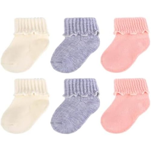 MKYSZLT 6 Pairs Baby Wool Socks Soft Winter Warm Thick Toddler Boy Girl Turn Cuff Thermal Ruffle Crew Socks Infant Little Kid (US, Age, 0 Months, 6 Months, white,pink,gray)