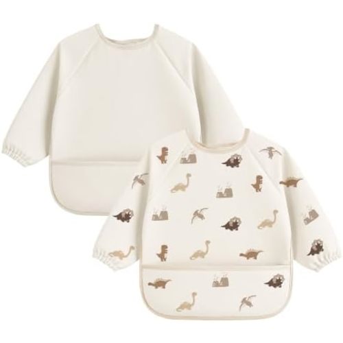 Bearmoss 2 Pack Long Sleeve Baby Bibs, Waterproof Smock Bibs for Eating