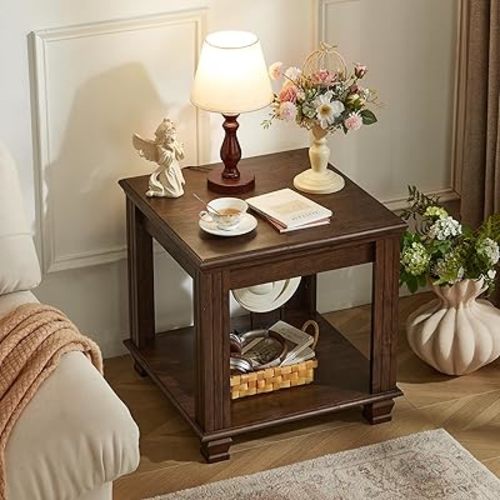 Farmhouse End Table,Large Side Table with 2-Tier Storage Shelf,Rustic Brown End Tables for Living Room,Square Tea Table,Walnut