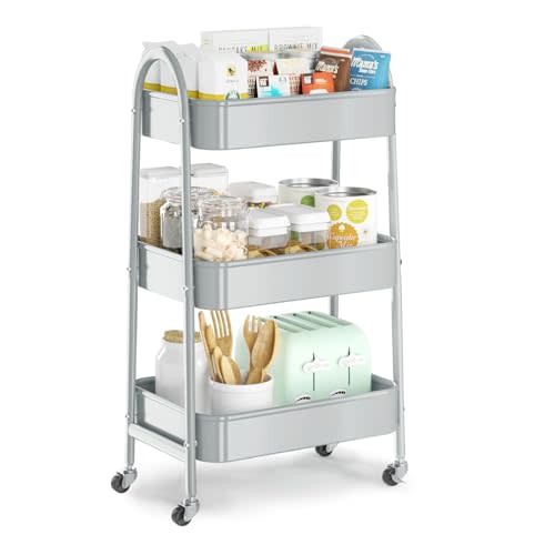 EAGMAK 3 Tier Utility Rolling Cart, Metal Storage Cart with Handle and Lockable Wheels, Multifunctional Storage Organizer Trolley with Mesh Baskets for Kitchen, Living Room, Office, Garage (Grey)